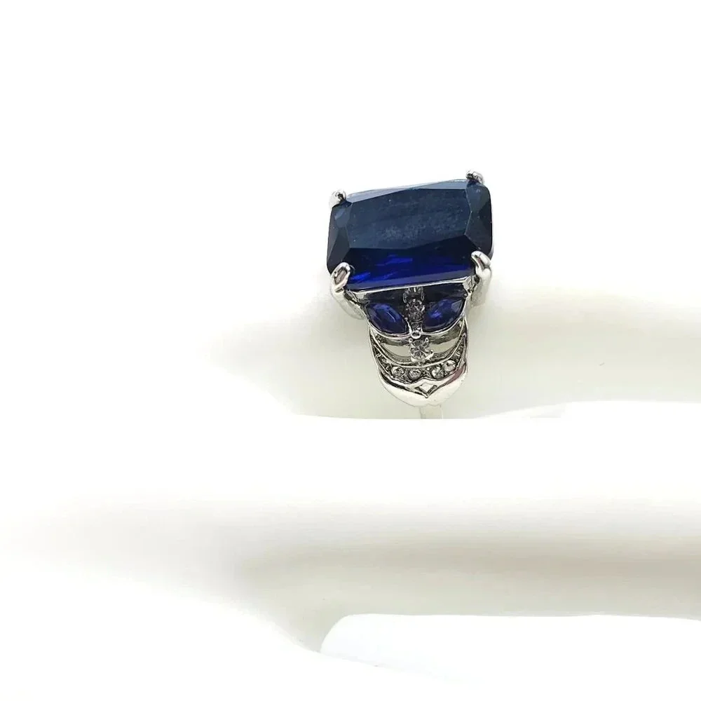 Clear Rhinestone Royal Blue Zircon Engagement Ring Size 9 Silver Tone VTG